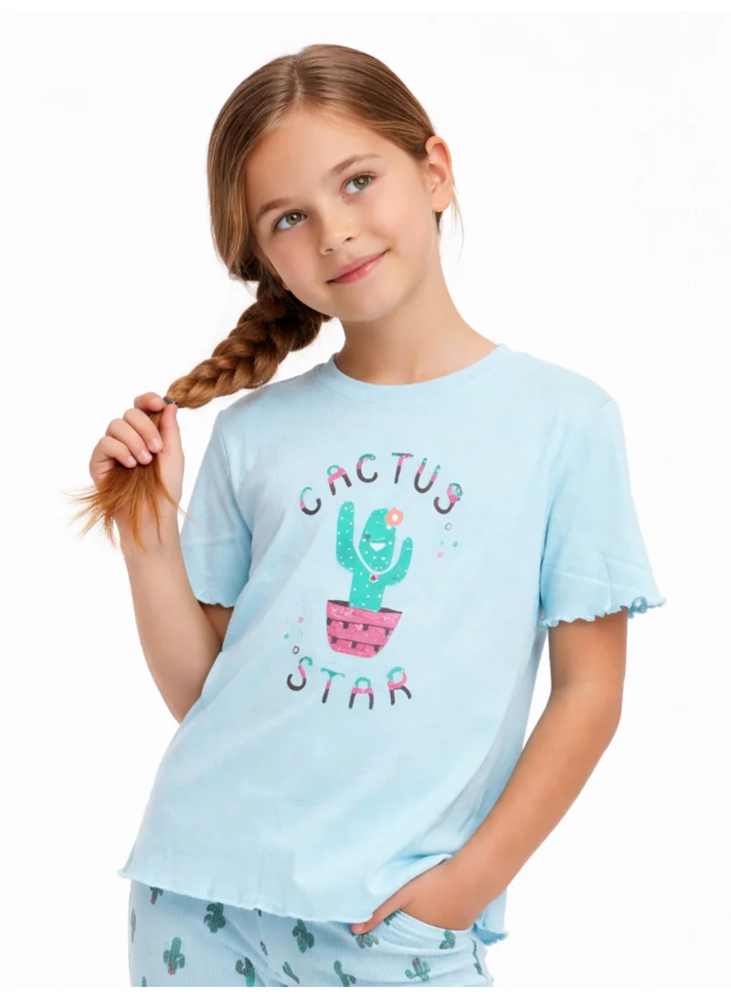 فكتور اند جين Girls’ Pajama Set – “Cactus Star” Frill Sleeve Top & Printed Pants
